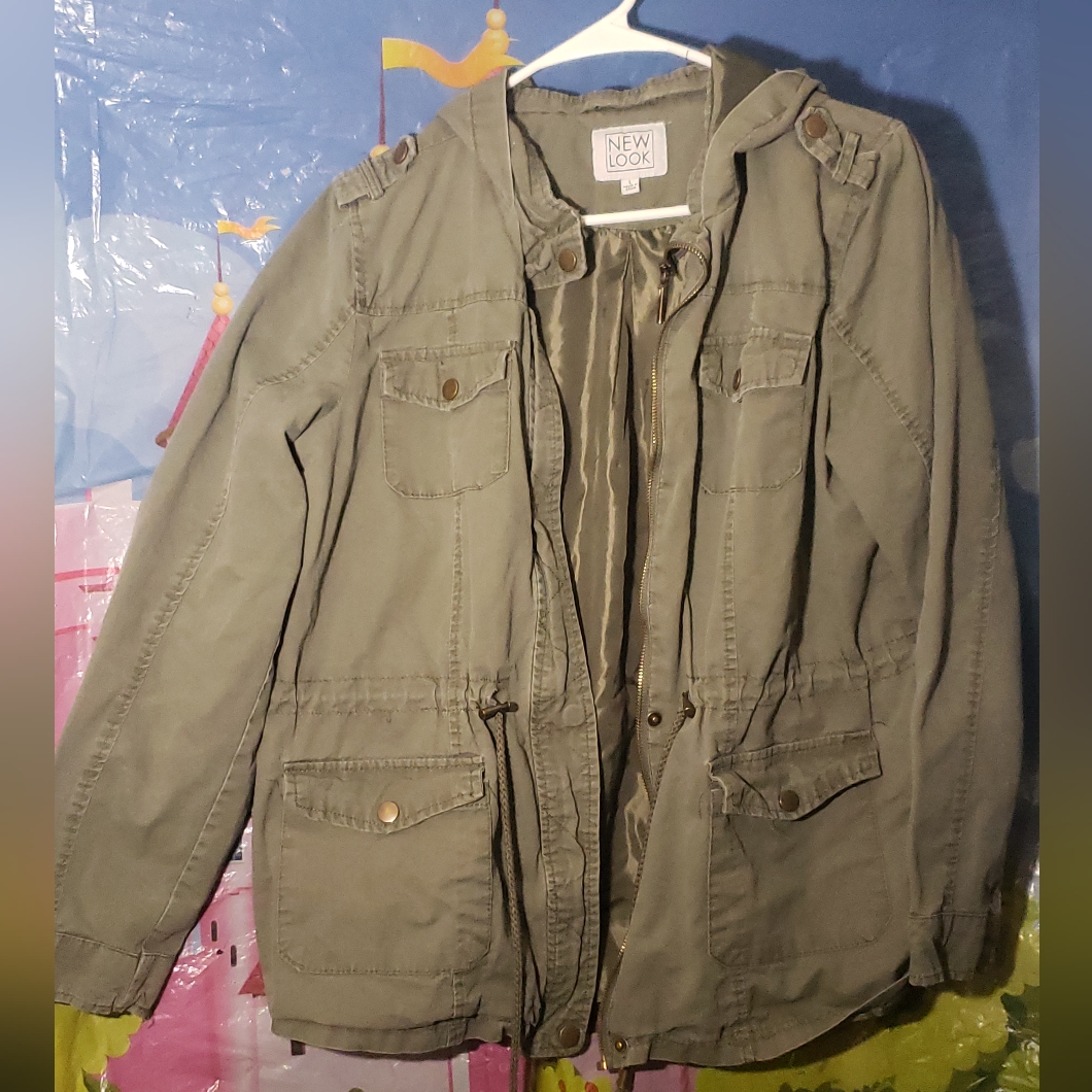 Large Greenish Grey Full Zip Button Up Coat